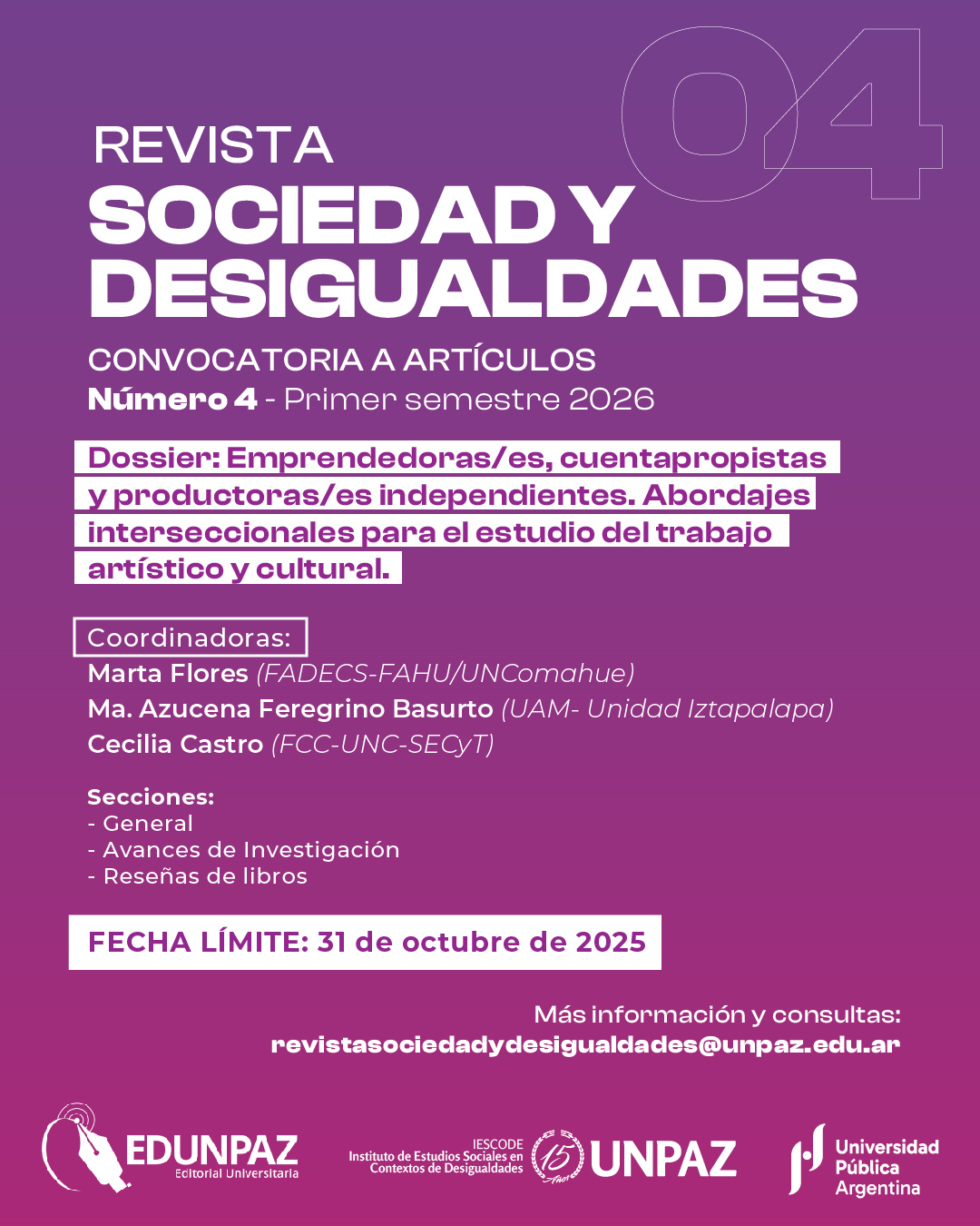 Se abre la convocatoria para la presentación de artículos para el cuarto número de la revista Sociedad y Desigualdades