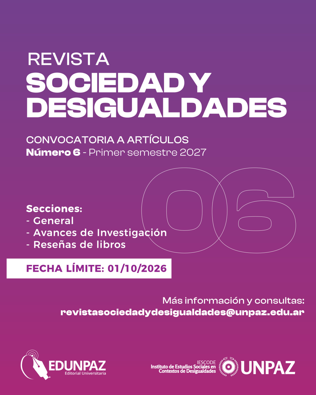 Convocatoria para la presentación de artículos - Sexto número Revista Sociedad y Desigualdades (IESCODE-UNPAZ) - UNPAZ